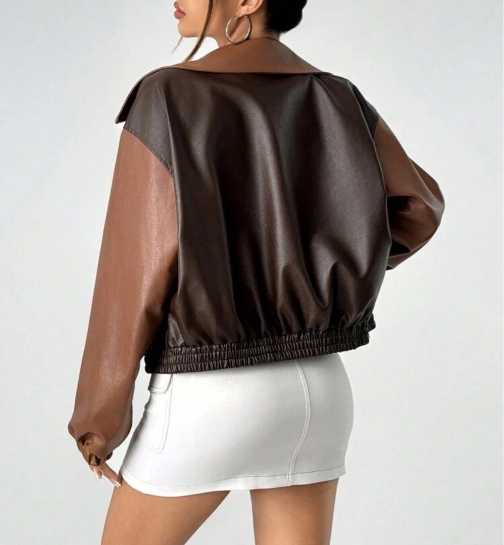 Brown Colorblock Leather Jacket (Category: Coats, Jackets and Outerwear) located in Marikina City. Submitted by _project.quartz (Listing ID 1370610450, Image 2). Description: Last price posted. Only used once on taiwan trip. Smells new pa po. Originally bought for PHP1,200 Swipe right for actual photos.