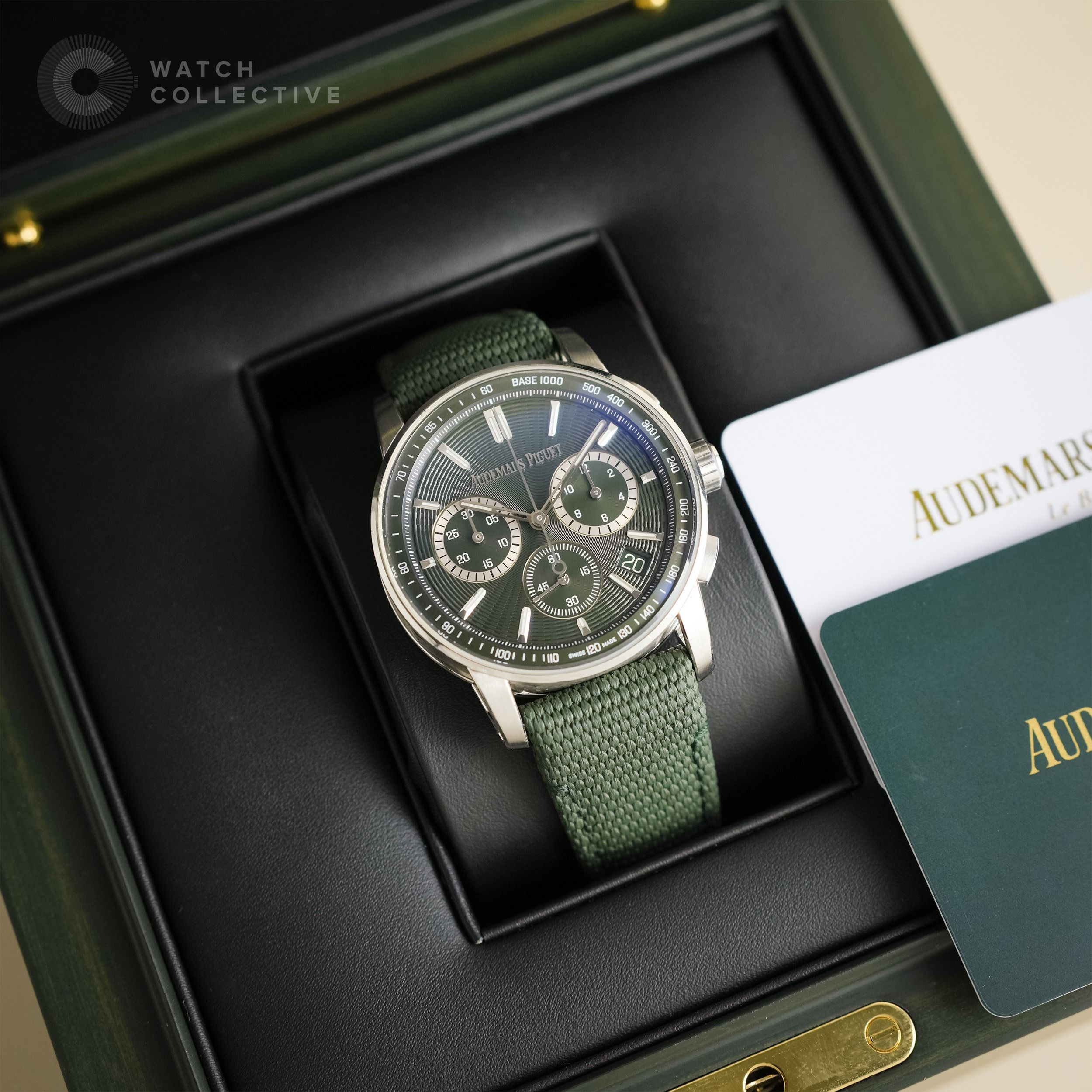 ❌SOLD❌Audemars Piguet 26393ST.OO.A056KB.01 (Category: Watches) located in Singapore. Submitted by watchcollective (Listing ID 1370487640, Image 1). Description: ⌚CODE 11.59⌚Audemars Piguet stainless steel green strap green dial automatic 41mm Reference Number: 26393ST.OO.A056KB.01 Condition: Lightly Used Comes with: full set Size: 41mm Case Material: Stainless Steel Strap Material: rubber Strap Dated: 26 June 2023 SKU: AP-WA45792-0002 --- Pm to r