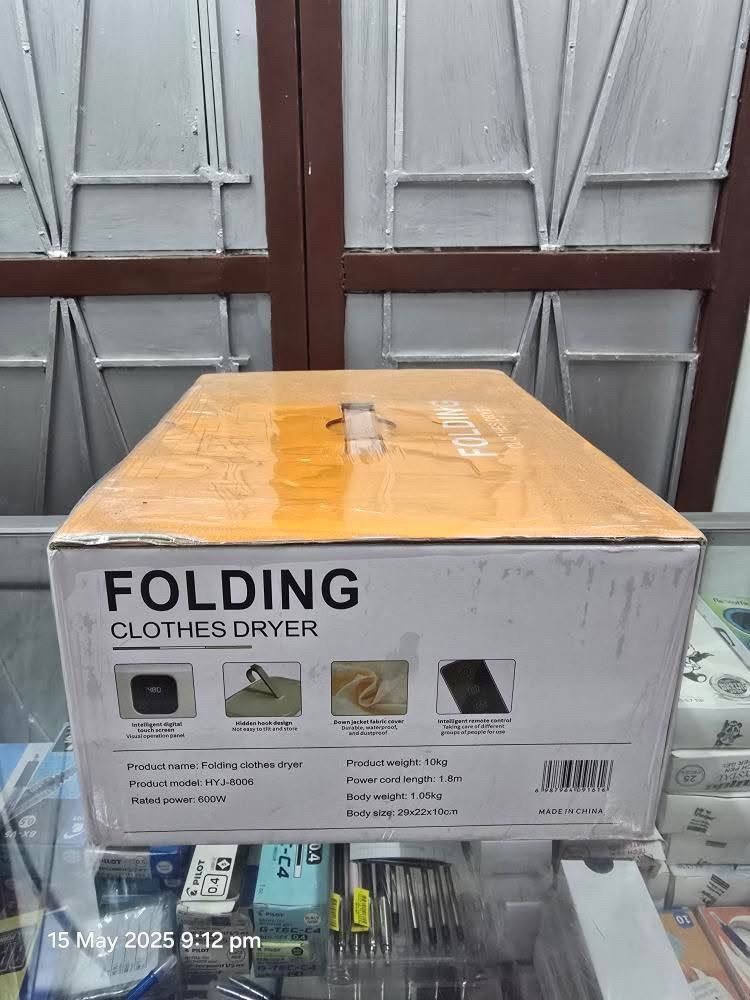 Folding Clothes Dryer (Category: Cleaning Tools & Supplies) located in Santa Rosa. Submitted by dlsud0708 (Listing ID 1370504691, Image 3). Description: Folding Clothes Dryer (Model HYJ-8006) Key Features include: - Quick drying of clothes. - Foldable design for easy storage. - Small and portable for convenience. - Intelligent timing function. - Utilizes UV + PTC drying technology for efficient and fast drying. - Suitable for both household and t