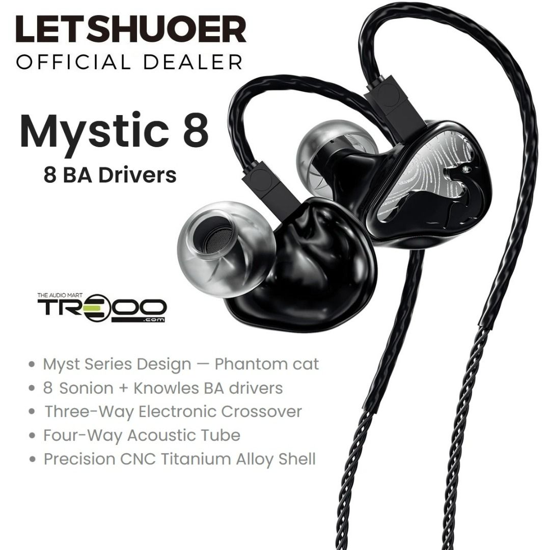 [Official] LETSHUOER Mystic 8 8-Driver (8BA) In-Ear Earphone (Category: Earphones) located in Singapore. Submitted by treoo (Listing ID 1370516220, Image 2). Description: 🔥✨ Promotion valid for a limited time only; while stocks last! ✨🔥 ✅ 8 balanced armature (BA) drivers per ear for high-resolution audio ✅ 4-way crossover design for precise frequency separation ✅ Custom-tuned sound signature for natural and engaging tonality ✅ Detachable 0.78mm