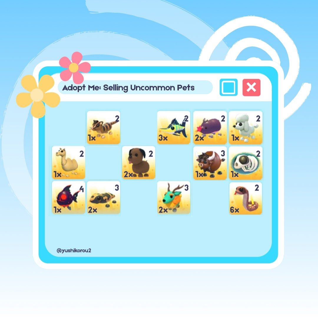 Roblox: Adopt Me | Selling Uncommon Pets (Category: In-Game Products) located in Manila. Submitted by lorryfrank_gamecenter (Listing ID 1370227473, Image 1). Description: ⭐️MAKE READING A HABIT⭐️ ‼️Updated Daily IMPORTANT INFO📄 • Strictly payment FIRST. Send a pic of your receipt for proof! • Send your Roblox username in chat so I can add you. • Add anything like an apple to prevent us both from getting banned. PAYMENT METHODS💳 - Gcash.