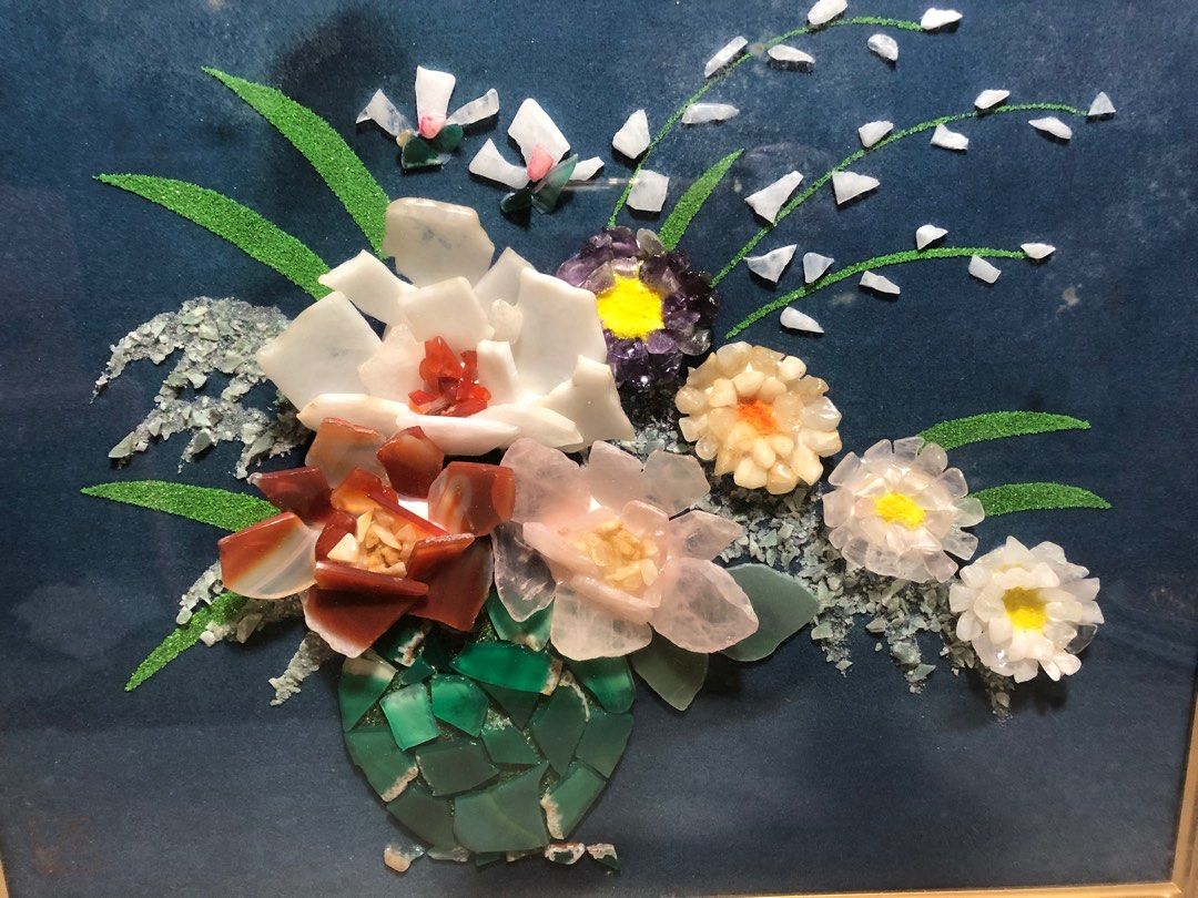 Semi Precious Stone Flower Vase on Frame- (Category: Vases & Decorative Bowls) located in Imus. Submitted by ABrielleC (Listing ID 1370488461, Image 2). Description: Semi Precious Stone Flower & Vase Wood Frame with Glass Length-24in Height-20.5in Thickness-2in Remarks- With minor scratch on frame First to pay Loc Imus Cavite.