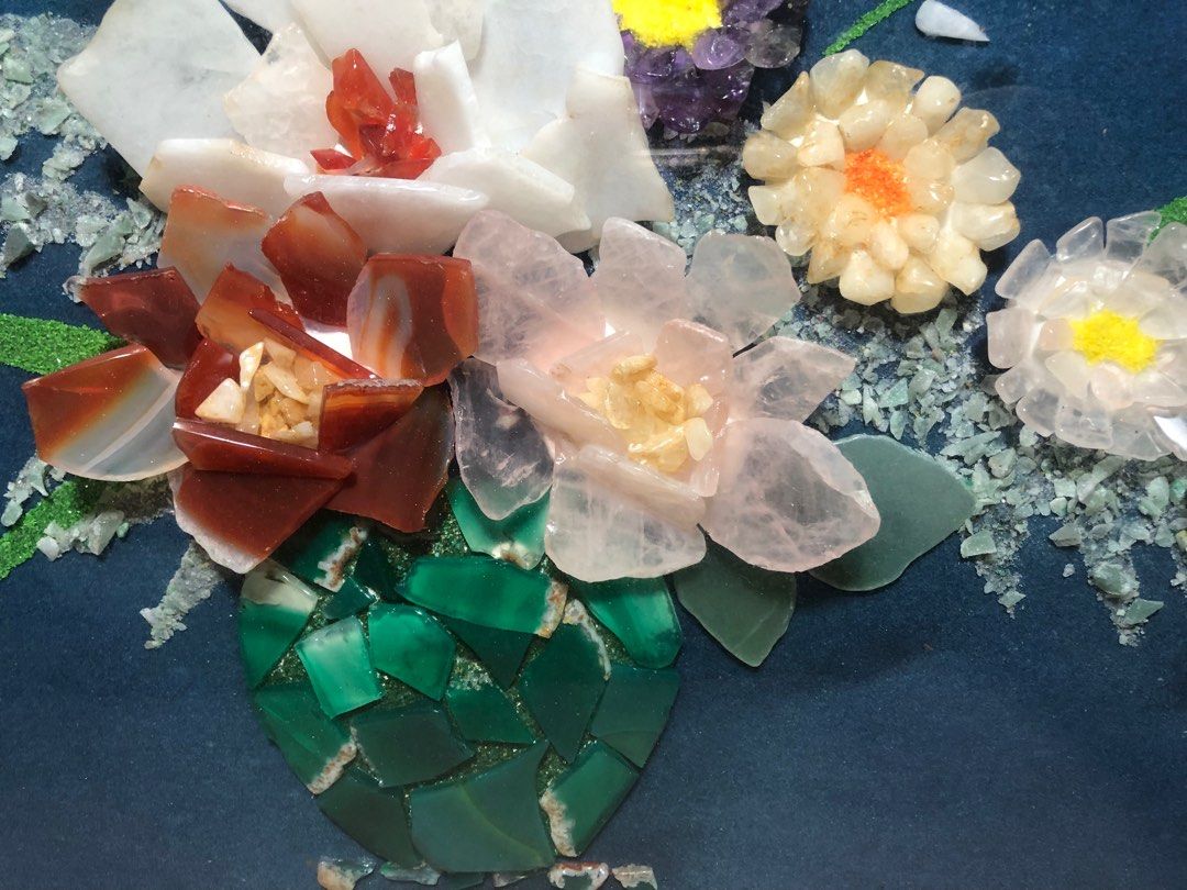 Semi Precious Stone Flower Vase on Frame- (Category: Vases & Decorative Bowls) located in Imus. Submitted by ABrielleC (Listing ID 1370488461, Image 3). Description: Semi Precious Stone Flower & Vase Wood Frame with Glass Length-24in Height-20.5in Thickness-2in Remarks- With minor scratch on frame First to pay Loc Imus Cavite.