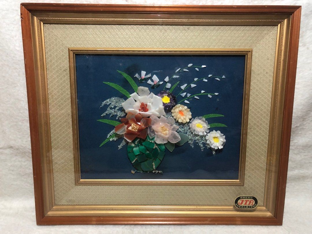 Semi Precious Stone Flower Vase on Frame- (Category: Vases & Decorative Bowls) located in Imus. Submitted by ABrielleC (Listing ID 1370488461, Image 1). Description: Semi Precious Stone Flower & Vase Wood Frame with Glass Length-24in Height-20.5in Thickness-2in Remarks- With minor scratch on frame First to pay Loc Imus Cavite.