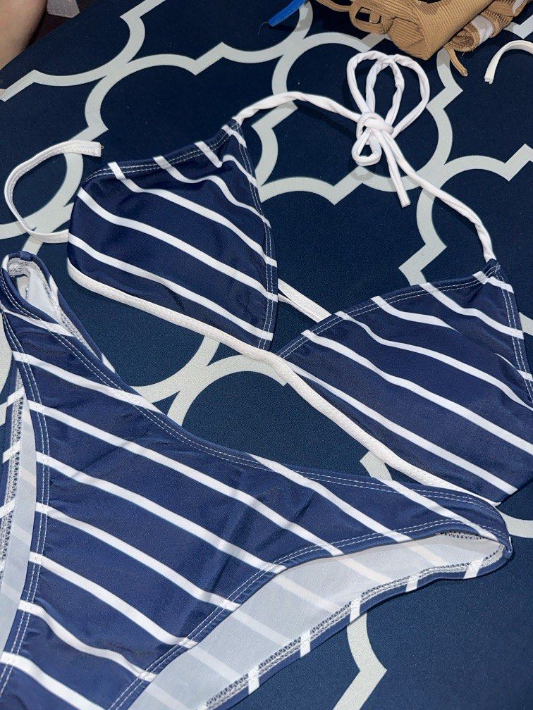Shein blue and white stripes 2-piece bikini (Category: Bikinis & Swimsuits) located in Manila. Submitted by sharmscarousel (Listing ID 1370611559, Image 2). Description: Brand new Shein bikini Comes in original Shein pouch RFS: decluttering! Never used Can be bundled with other bikinis posted in my listings .