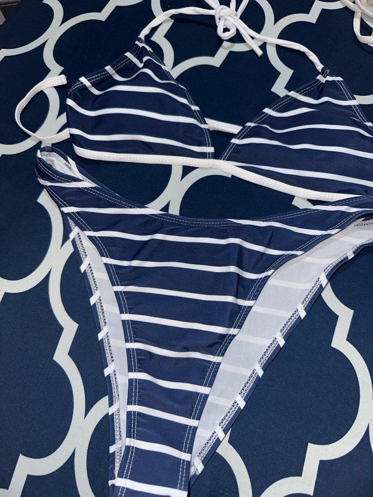 Shein blue and white stripes 2-piece bikini (Category: Bikinis & Swimsuits) located in Manila. Submitted by sharmscarousel (Listing ID 1370611559, Image 3). Description: Brand new Shein bikini Comes in original Shein pouch RFS: decluttering! Never used Can be bundled with other bikinis posted in my listings .