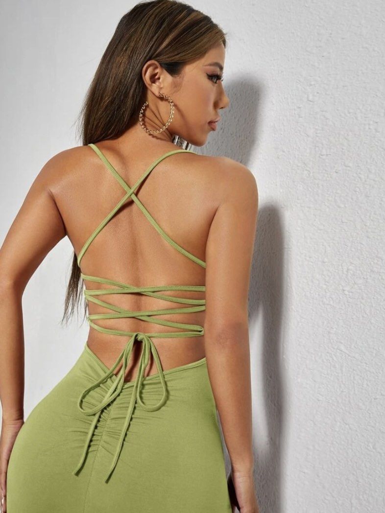 SHEIN Petite Lime Green Lace Up Backless Split Thigh Cami Dress, Women's  Fashion, Dresses & Sets, Evening dresses & gowns on Carousell