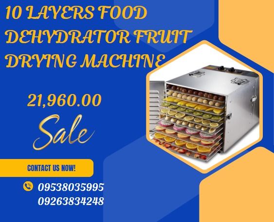 10 Layers Food Dehydrator Fruit Drying Machine (Category: Ovens & Toasters) located in Caloocan City. Submitted by francineja42756 (Listing ID 1370628015, Image 1). Description: Volt. 110v/220v Power 1000w Material: stainless steel Temp. setting: 40-90degrees Capacity 60L Dimension 420*405*550mm Layer 10 layers Distance between two layer 35mm Grid mesh 8mm Net Weight/Gross weight 15kgs/17.5kgs.