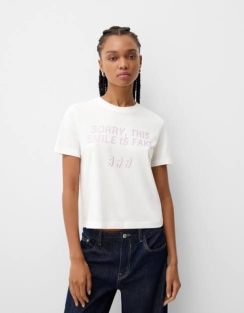 Bershka Short Sleeve Rhinestone Statement Shirt (Category: Shirts) located in Makati City. Submitted by prlv.pixie (Listing ID 1370769082, Image 3). Description: • New • Never been worn • Cotton fabric • No issues/defects • RFS: Not my style so it's not used • Freebies included.