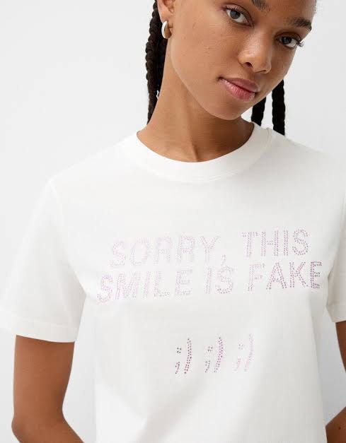 Bershka Short Sleeve Rhinestone Statement Shirt (Category: Shirts) located in Makati City. Submitted by prlv.pixie (Listing ID 1370769082, Image 2). Description: • New • Never been worn • Cotton fabric • No issues/defects • RFS: Not my style so it's not used • Freebies included.