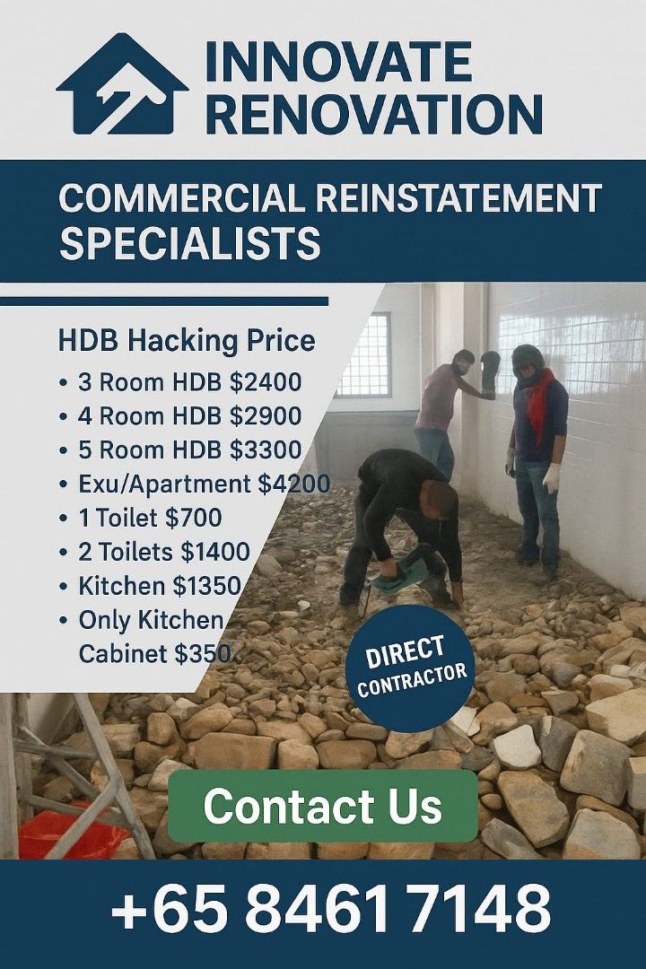 Direct Contractor👷‍♂️|Demolition Expert Team|Hacking Walls/Tiles/Overlay/Dismantle/Disposal/HDB|BTO|CONDOMINIUM|LANDED|COMMERCIAL PLACES|Registered Company 💯 (Category: HDB Renovation) located in Singapore. Submitted by innovate_renovation (Listing ID 1370684729, Image 1). Description: Hello Owners!👋 📞 8461 7148 ◾Direct Contractor ◾Registered Company ◾BCA Registered Hacking Works ◾HDB Renovations ▪Full House Renovations ◾Direct Contractor for