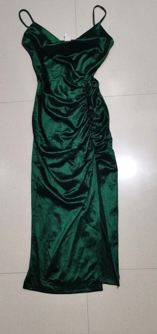Emerald green cowl neck satin dress, Women's Fashion, Dresses & Sets,  Evening dresses & gowns on Carousell
