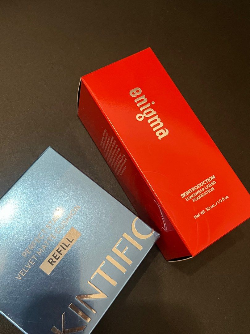 Enigma Foundation and Skintific Refill (Category: Makeup) located in Mandaluyong City. Submitted by authenteecity (Listing ID 1370769206, Image 1). Description: Enigma - Light Golden (pumped once to swatch) - 550 Skintific Refill - 02 Ivory (swatched; sponge used) - 250 Both for 700 RFS: not my shade.