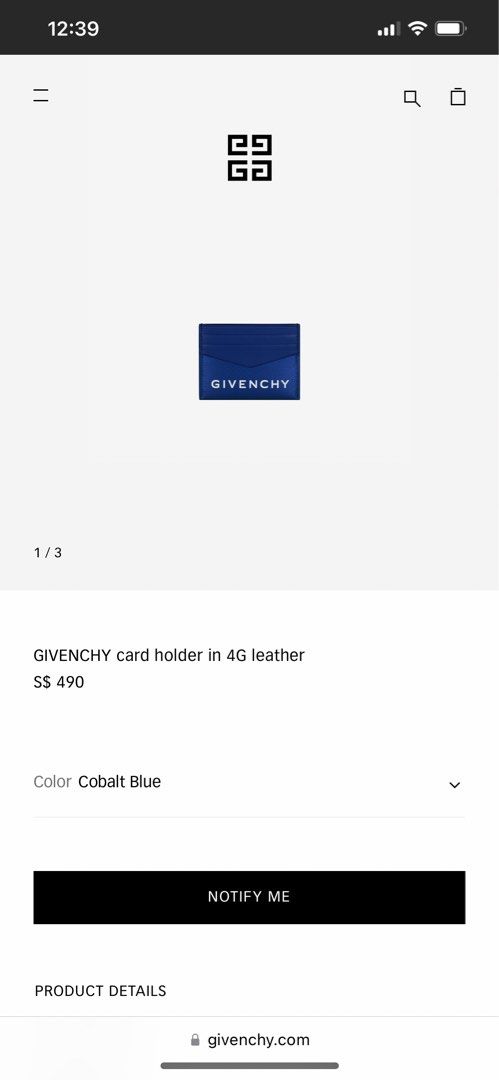 [70% OFF!] Givenchy Colbalt Blue Card Holder In 4G Leather (Category: Bags & Wallets) located in Singapore. Submitted by luxuryhut (Listing ID 1370788958, Image 1). Description: Close to 70% OFF! GREAT SAVINGS! Original price $490 Purchased in MBS Givenchy boutique. Rare colour sold out in boutiques island wide ⭐️ Full set with gift paper bag, box, dust bag, letter. Perfect as a 🎁 gift for fraction of the price! Last min gift ideas!.