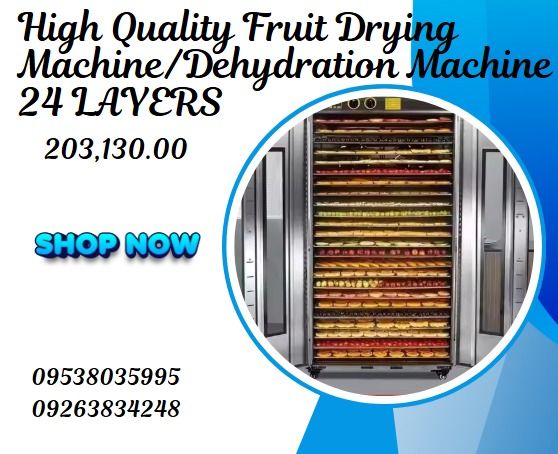 High Quality Fruit Drying Machine/Dehydration Machine 24 LAYERS (Category: Ovens & Toasters) located in Caloocan City. Submitted by francineja42756 (Listing ID 1370627055, Image 1). Description: Volt. 110v/220v Power 5850w Material: stainless steel Temp. setting: 40-90 degrees Capacity 650L Dimension 700*1450*880mm Layer 24 layers Distance between two layer 50mm Grid mesh 8mm Net Weight/Gross weight 100kgs/120kgs .