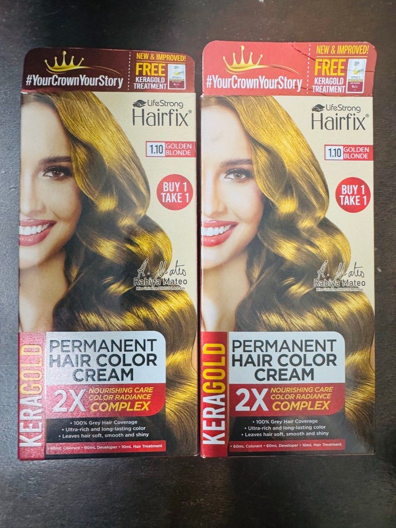 LifeStrong Hairfix (Category: Hair) located in Taguig. Submitted by erczzone (Listing ID 1370653979, Image 1). Description: Keragold Permanent Hair Color Cream 1.10 Golden Blond See last pic for inclusions Sealed 200 for both.