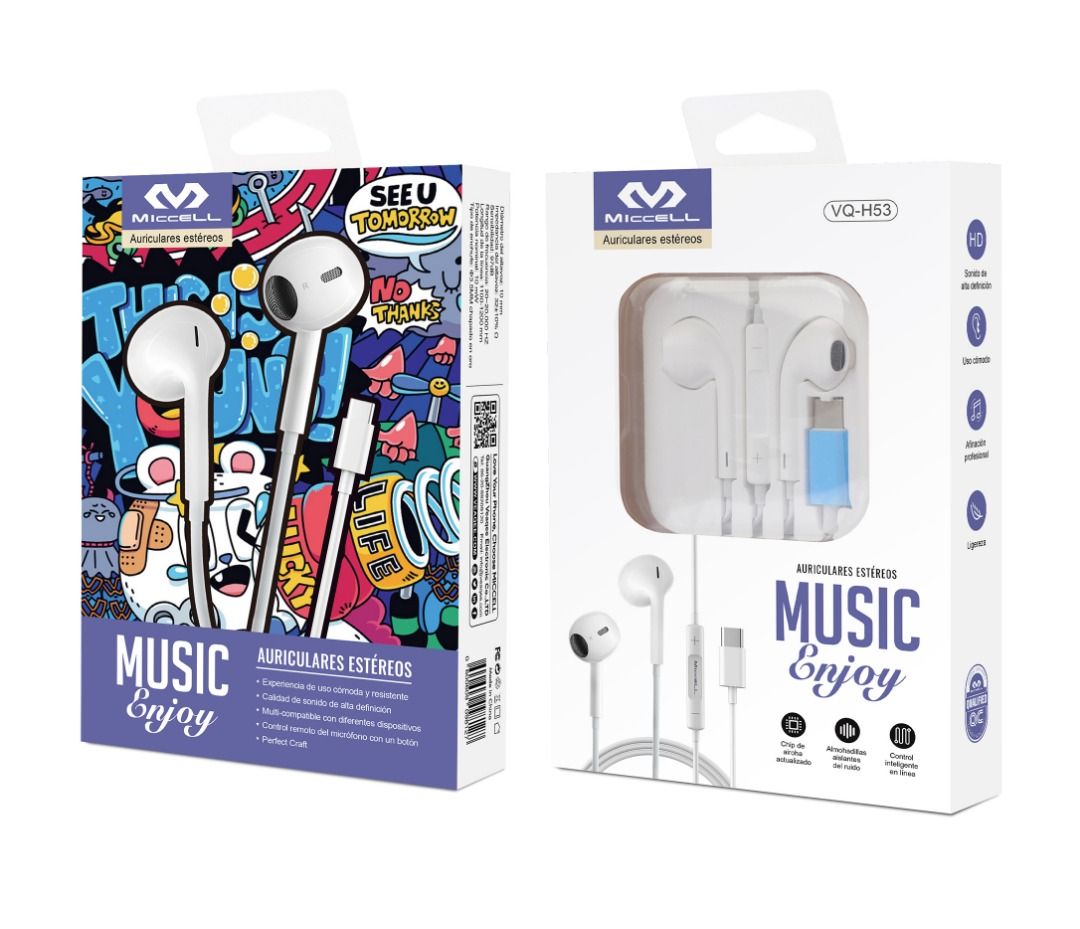 MICCELL H53 - Type C Digital Wired Earphone (White) (Category: Earphones) located in Makati City. Submitted by ela012 (Listing ID 1370669938, Image 1). Description: MICCELL H53 GET DISCOUNT IF YOU BUY IN BULK (10PCS AND ABOVE) SPECS: White Horn Diameter: Ø14mm Speaker impedance: 32Ω±15% Sensitivity: 97dB±3dB @1mW at1kHZ Frequency: 20HZ-20,000HZ Cable length: 1.15M.
