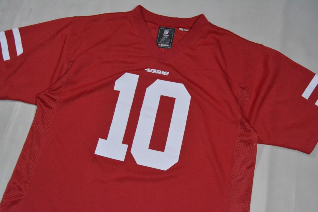 nfl jersey (Category: Tshirts & Polo Shirts ) located in Baguio. Submitted by sellingtonshop (Listing ID 1370736004, Image 3). Description: 49 San Francisco 49ers football jersey #10 Garoppolo by NFL youth XL fits M mens or L womens 28*21 Excellent Mine: 780 Steal: 880 Grab: 980.