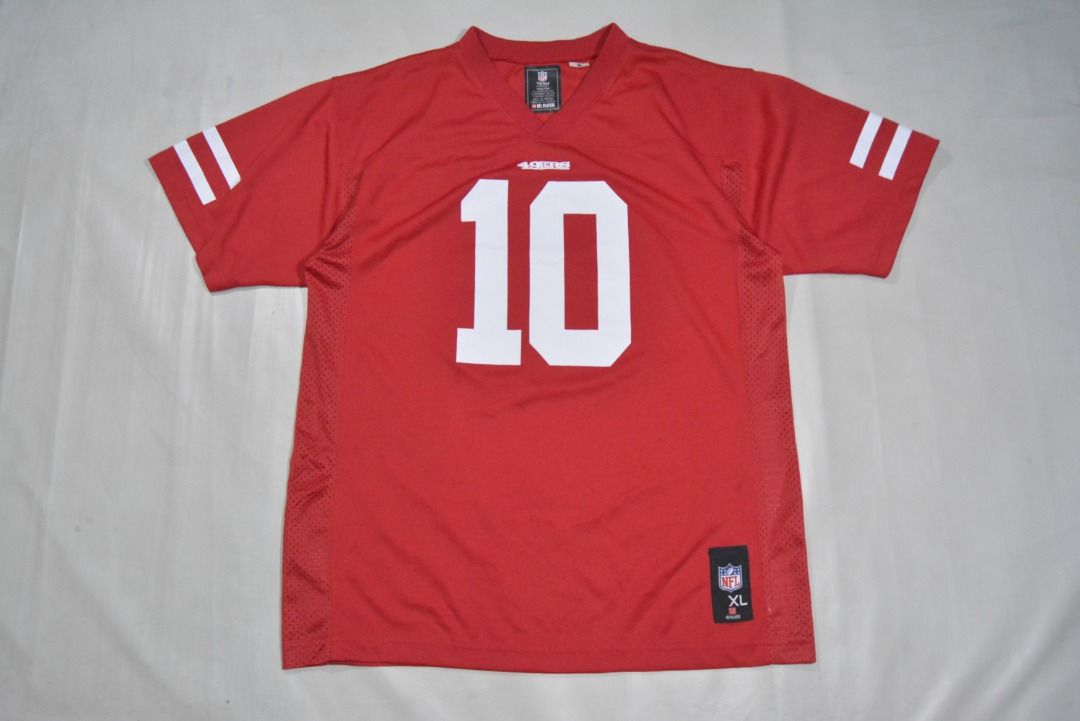 nfl jersey (Category: Tshirts & Polo Shirts ) located in Baguio. Submitted by sellingtonshop (Listing ID 1370736004, Image 1). Description: 49 San Francisco 49ers football jersey #10 Garoppolo by NFL youth XL fits M mens or L womens 28*21 Excellent Mine: 780 Steal: 880 Grab: 980.