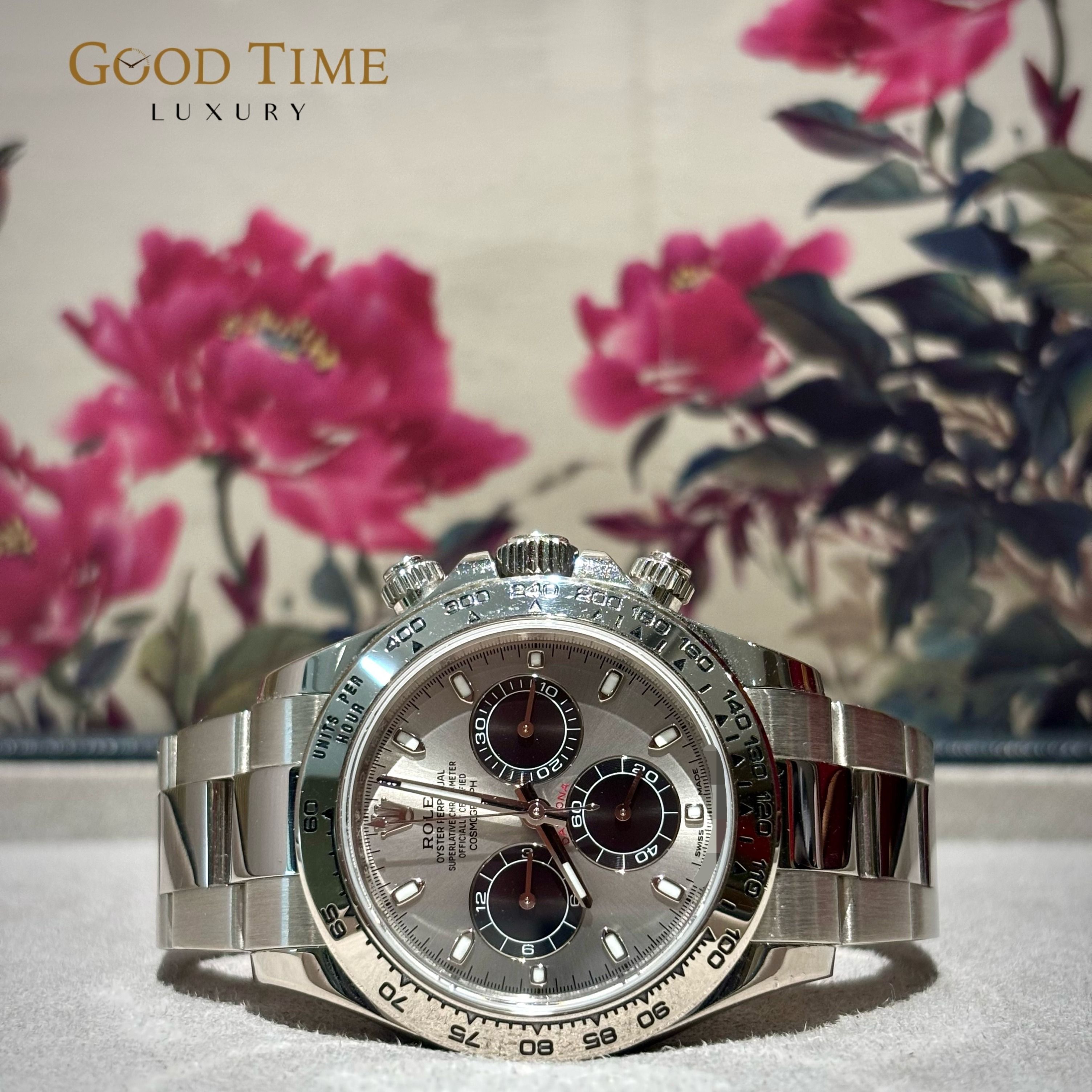 2018 Rolex White Gold Daytona 116509 Grey Panda Dial (Category: Watches) located in Singapore. Submitted by goodtimeluxury (Listing ID 1370829911, Image 1). Description: Brand: Rolex Model: White Gold Daytona 116509 Grey Panda Dial Year: 2018 Box and Papers: Yes Description: Excellent Good Condition, with white tag, Retails $70k++ Payment mode: - Bank Transfer, Paynow, Cash - Additional 2.5% for one time credit card VISA, MASTERS, AMEX - Addition
