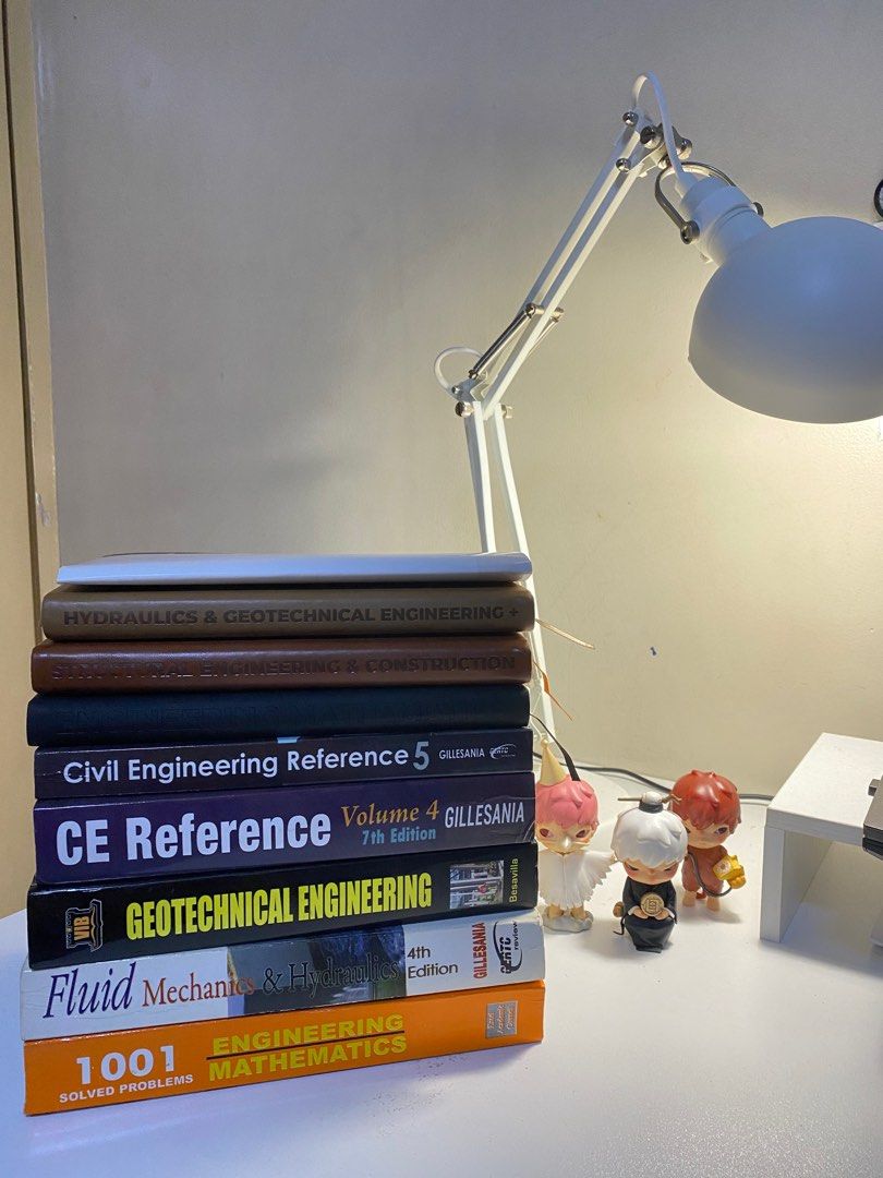 Civil Engineering Review and Reference Books (Category: Textbooks) located in Pasig City. Submitted by moonpsyched (Listing ID 1370893341, Image 1). Description: Selling a set of essential civil engineering reference books, perfect for board exam prep or review. Included Titles: 1. Hydraulics & Geotechnical Engineering 2. Structural Engineering & Construction 3. Engineering Mathematics 4. Civil Engineering Reference 5 (Gillesania) 5. CE Reference