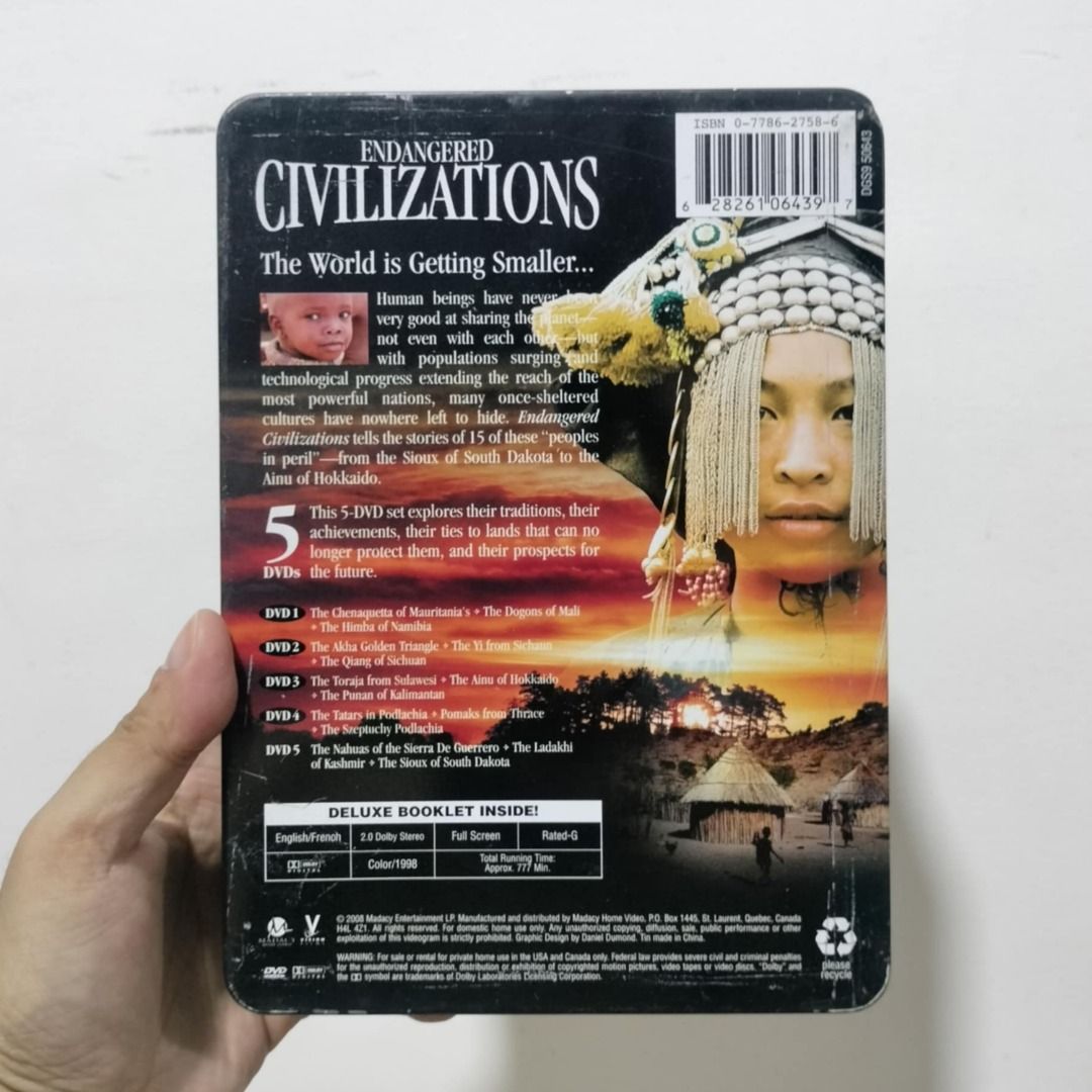 ENDANGERED CIVILIZATIONS: Cultures in Crisis (Category: Storybooks) located in Antipolo. Submitted by thriftsource (Listing ID 1370934264, Image 2). Description: ENDANGERED CIVILIZATIONS: Cultures in Crisis 5-DVD Set with Deluxe Booklet, Tin Case Selling Price: Php199+sf Condition: Good Condition Location: Antipolo City, Rizal Mode of Payment: Gcash Mode of Delivery: J&T, LBC, Lalamove For inquiries, feel free to message me. Thank you :)).