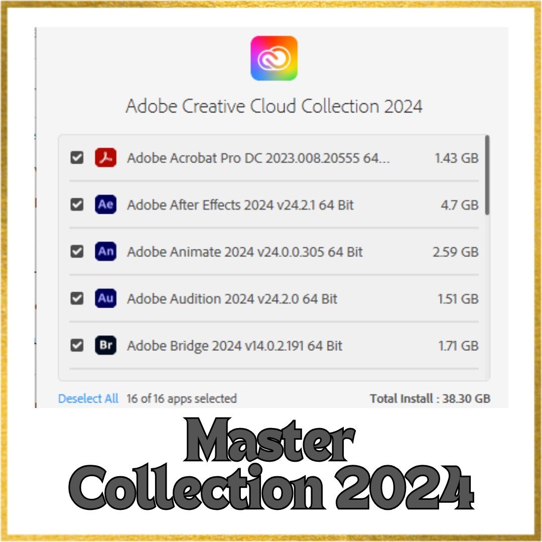 Master Collection 2024, Photoshop, Premiere Pro, After Effect, Illustrator, Lightroom Classic (Category: Office & Business Technology) located in Singapore. Submitted by de_tech.sg (Listing ID 1370961655, Image 2). Description: Master Collection 2024 ✅ 💯 Stable & Reliable ✅ Simple installation, One-Step Install ✅ Lifetime access to our Google Drive link, download anytime ✅ Available for Windows 10 and 11 ONLY ✅ This is virtual product, no physic