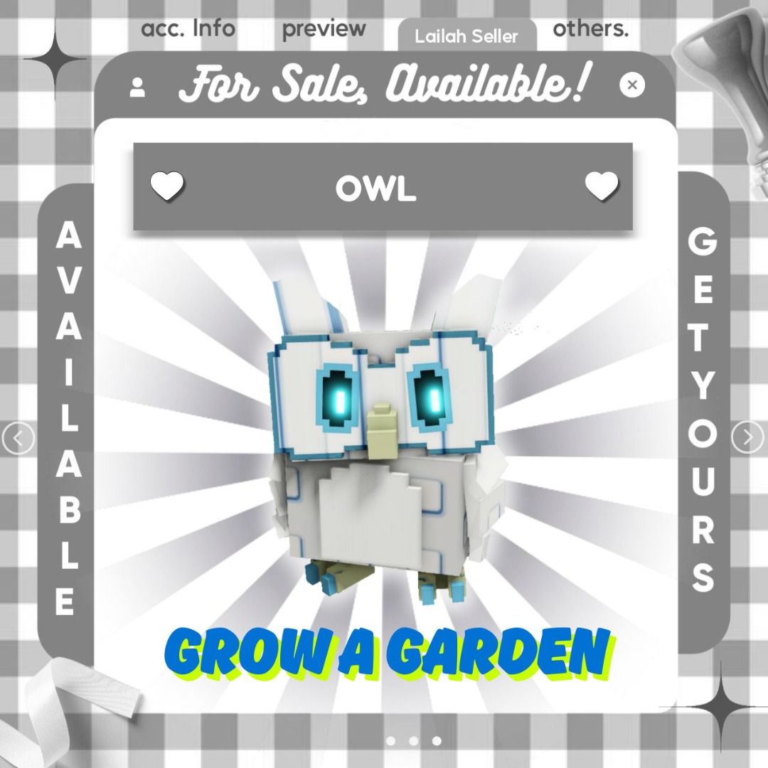 GROW A GARDEN | OWL | ROBLOX | READ DESCRIPTION (Category: In-Game Products) located in Baliuag. Submitted by sxmplycollections (Listing ID 1370909021, Image 1). Description: MOP - CASHG.