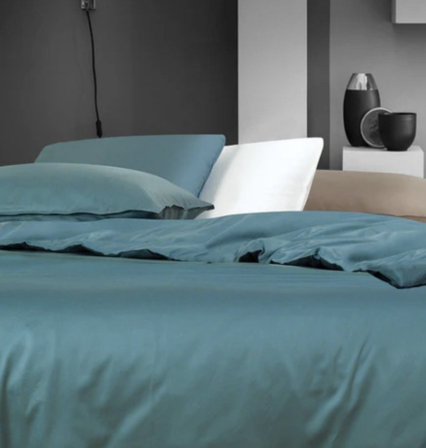 Intero Gallery CELEST Tencel Cotton Solid 1100TC Bed Set – Smoke Blue (Category: Bedding & Towels) located in Singapore. Submitted by smackshop (Listing ID 1370919905, Image 1). Description: Queen size.