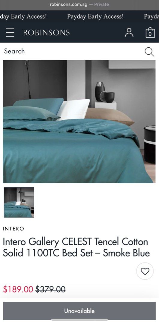 Intero Gallery CELEST Tencel Cotton Solid 1100TC Bed Set – Smoke Blue (Category: Bedding & Towels) located in Singapore. Submitted by smackshop (Listing ID 1370919905, Image 2). Description: Queen size.