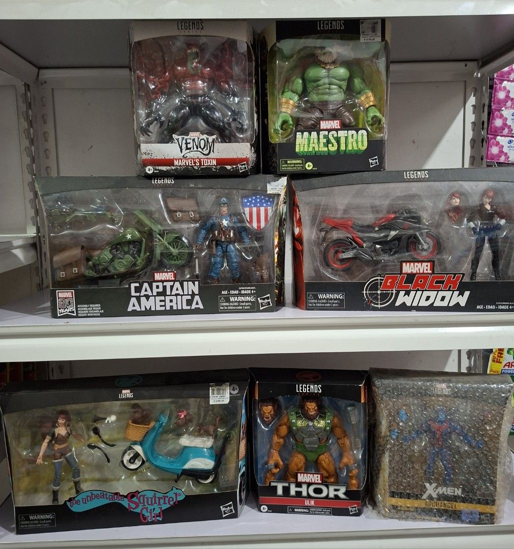 Marvel legends xmen cap America black widow hulk (Category: Figurines & Statues) located in Mandaluyong City. Submitted by elitecollections (Listing ID 1370908964, Image 1). Description: for sale brand new sealed unopened cap America with bike - 2,200 black widow with bike - 2,200 carnage Deluxe - 1,400 maestro hulk Deluxe- 1,200 squirrel girl with bike - 1,200 ulik deluxe - 1,200 archangel - SOLD agent venom - 1,800 marvels chameleon - 1,400 mee