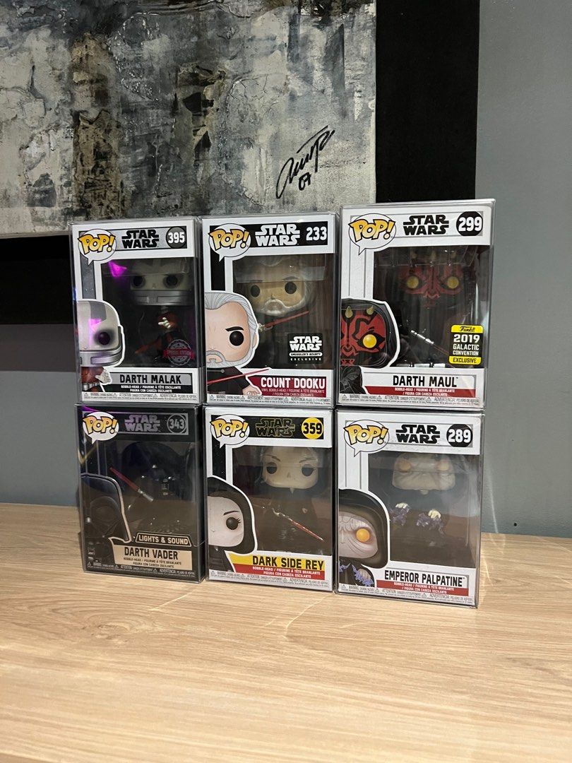 Star Wars Funko Pops (Category: Designer & Blind Box Toys) located in Paranaque City. Submitted by anton.andres31 (Listing ID 1370853490, Image 1). Description: Starwars Funko Pops Darth Maul GCE 2019 Exclusive - 2500 Count Dooku - 2500 Darth Vader Lights & Sounds - 1400 Darth Malak Target exclusive - 1100 Emperor Palpatine 289 - 800 Darkside Rey - 500 or get all for 7500 comes with boss protector rfs: funding another hobby alabang/bf homes meet 