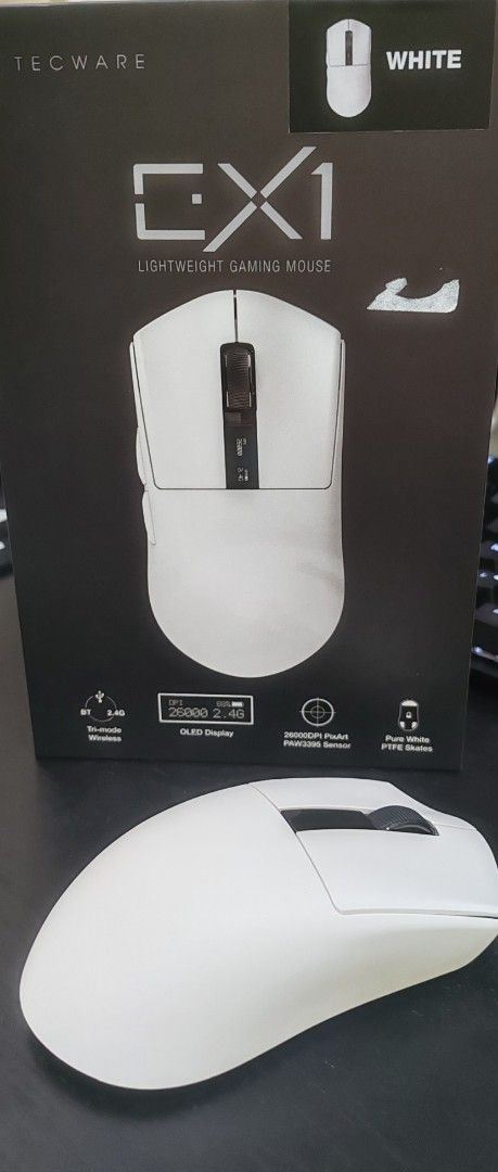 Techware EX1 (Category: Mouse & Mousepads) located in Kuala Lumpur. Submitted by shikizan (Listing ID 1370868023, Image 1). Description: -2.4GHz + BT Wireless/Wired -Connection -26000 DPI -300mAh 30 hours battery life -Ultra lightweight 59g.