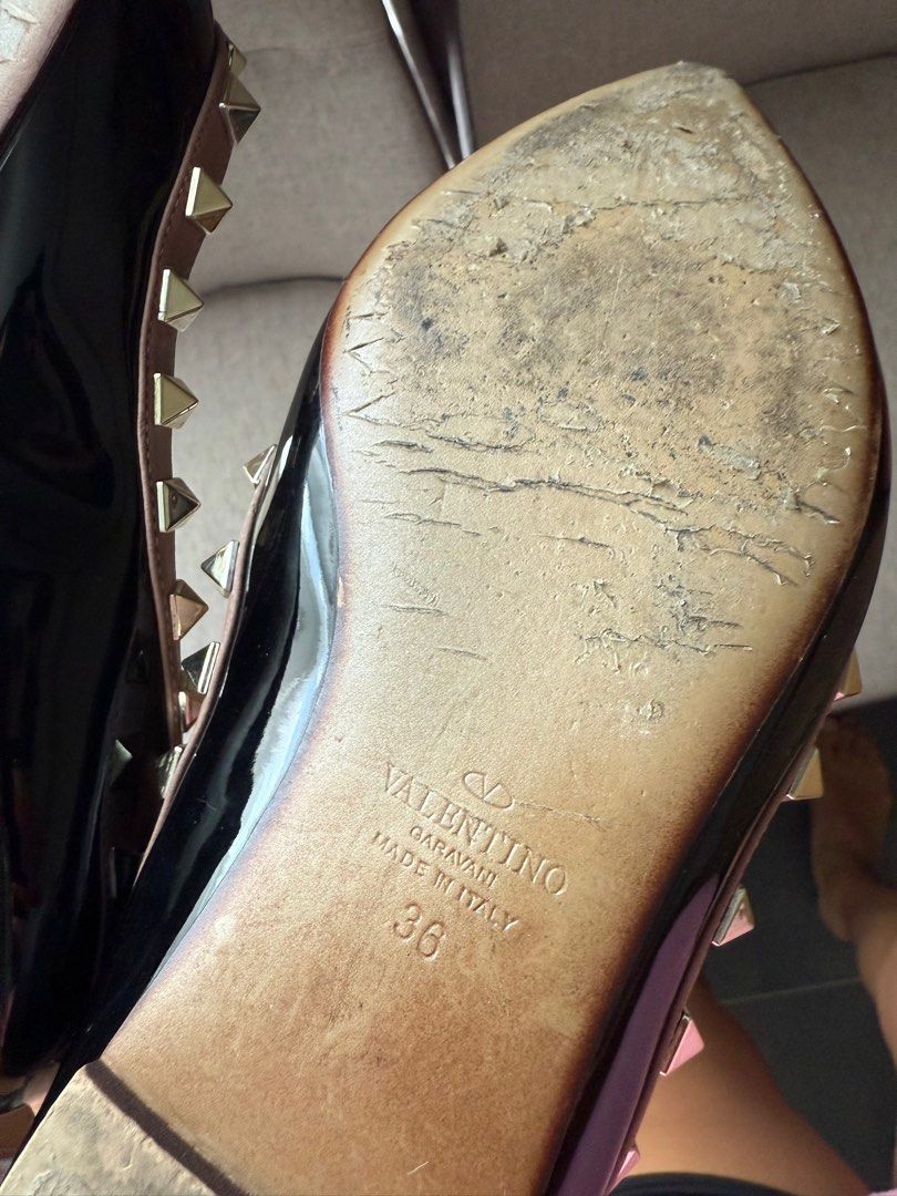 Valentino Garavani Rockstud Flats (Category: Sneakers & Footwear) located in Cebu City. Submitted by halcyone728 (Listing ID 1370878530, Image 2). Description: Condition: Gently used with creasing and minor scuffing Inclusions: None Size: EU36.5 Material: Patent leather upper, leather sole Color: Black .