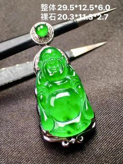 天然A貨翡翠18K真金真鑽鑲嵌冰綠佛公吊墜送銀鏈64230840629250110
