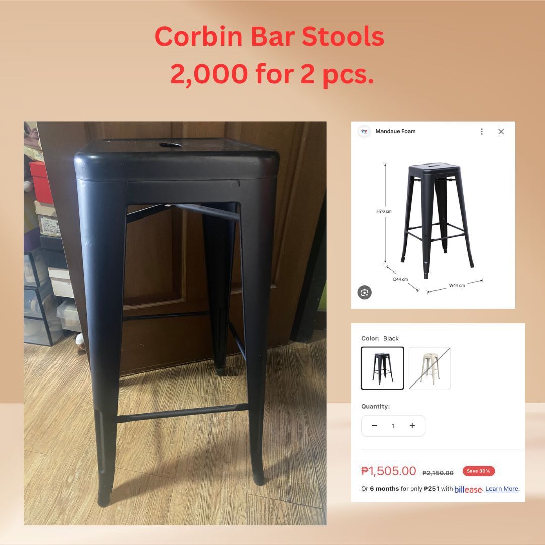 Corbin Bar Stools (Category: Chairs) located in Pasig City. Submitted by bauchell (Listing ID 1370999161, Image 1). Description: 2 pcs - these are pre-loved but well-used. Buyer pays for shipping.
