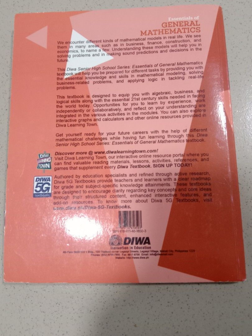 DIWA GENERAL MATHEMATICS (SHS BOOK) (Category: Textbooks) located in Cavite. Submitted by rm_sells_ (Listing ID 1371059120, Image 2). Description: ✨ PLEASE READ✨ ✿ Get for only P200! (❗LAST PRICE❗) ✿ Copyright 2023 ✿ All the answered pages are in the photos above (written and checked in ballpen) ✿ Side of the book is streaked with permanent marker to cover my name & section ✿ Has Creases, Dents and other physical flaws ✿ Please Manage Your Expect