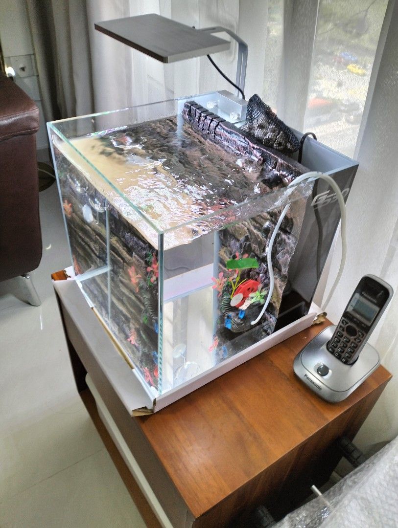Fish Tank Set (Category: Homes & Other Pet Accessories) located in Singapore. Submitted by amazingstar16 (Listing ID 1371023008, Image 3). Description: Brand New Fish Tank with inbuilt water filter. Light and extra water bubble accessoties fish food holder and fish rest . cash n carry at Tampines Central.