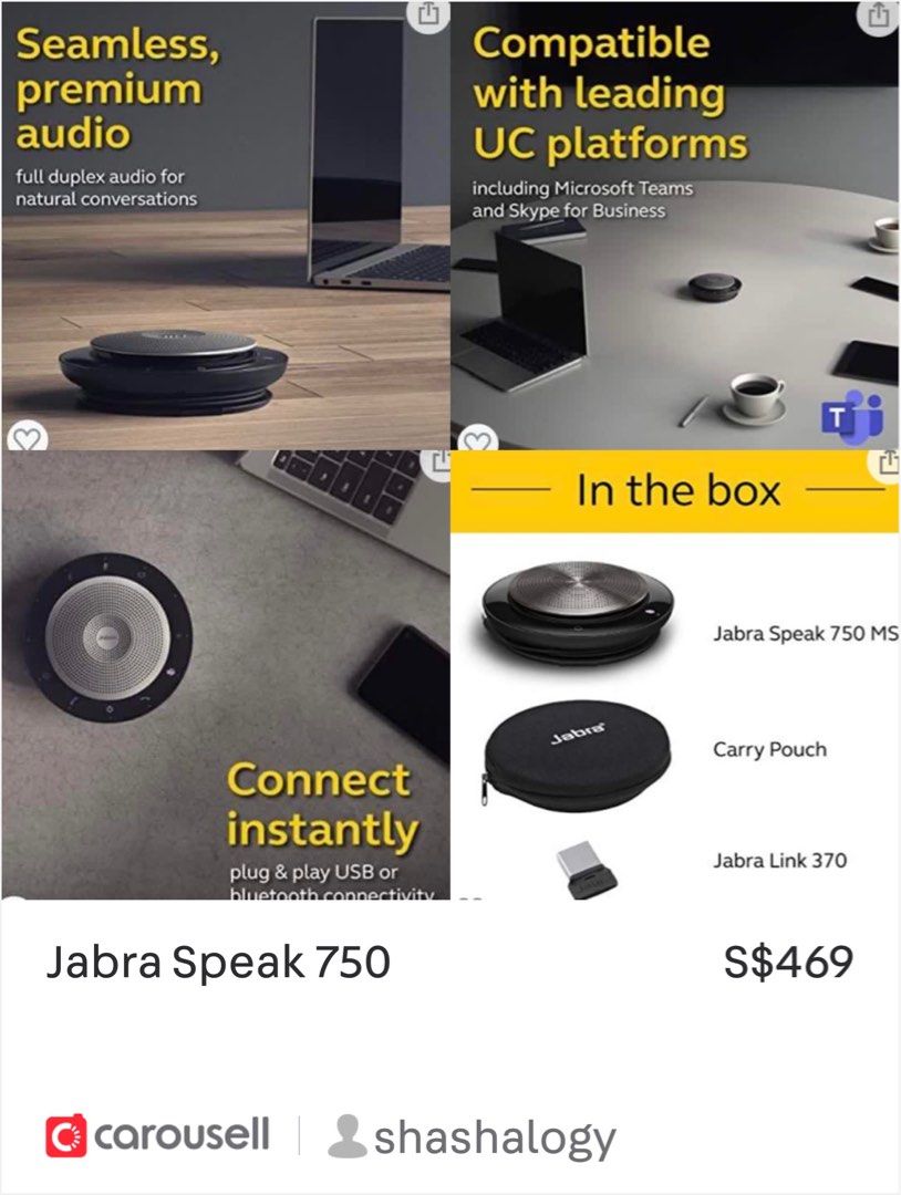 Jabra 750 speaker and microphone, wireless, bluetooth. ideal for home or office setting (Category: Headphones & Headsets) located in Singapore. Submitted by shashalogy (Listing ID 1370990584, Image 1). Description: great for meetings up to 6 people, bluetooth up to 30 meters and full duplex audio. battery music time up to 11 hours can connect to computer or mobile device or softphone. .