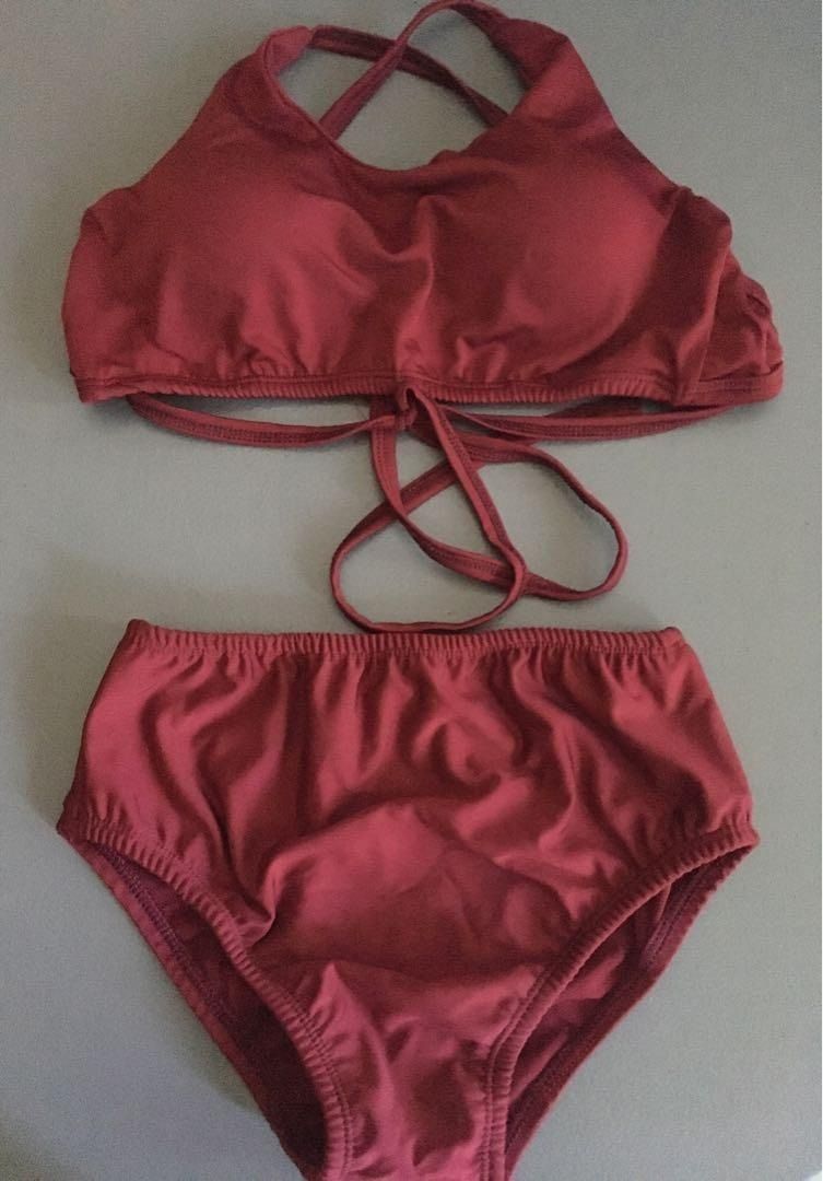 Maroon high waist two piece swimsuit (Category: Bikinis & Swimsuits) located in Taytay. Submitted by decluttering_ce (Listing ID 1371086996, Image 1). Description: • Worn only once, got this from taytay tiangge!! :) • Fits small to medium frame • MOP: bank transfer (bpi for qr code) maya & gcash • RFS: decluttering & maluwag na hehe.