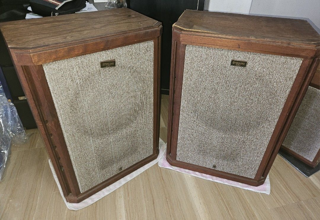 Retro Tannoy Stirling Speaker (Category: Soundbars, Speakers & Amplifiers) located in Singapore. Submitted by dale0827 (Listing ID 1371070782, Image 1). Description: Tannoy Stirling speaker, 1 pair. In a very Retro wooden casing. each c/w a wooden base stand. size w/o stand : 49cm L x 3qcm W x 71cm H stand Height : 25cm Some damage on one speaker top part as shown on pictures n also the wood stand.. can be ignored the stand if not using. others c