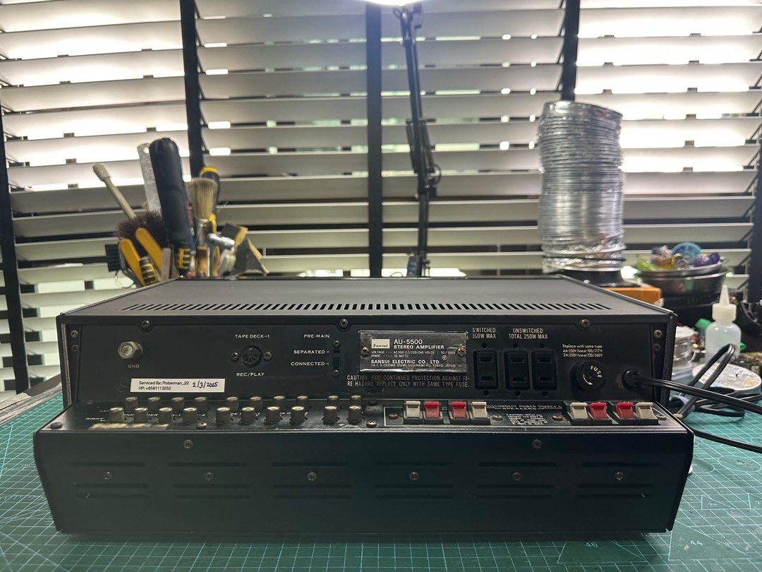 Sansui AU-5500 (Fully Recapped) (Category: Soundbars, Speakers & Amplifiers) located in Singapore. Submitted by proberman22 (Listing ID 1371019970, Image 3). Description: Sansui AU-5500 Specifications General • Type: Solid-state integrated amplifier • Manufactured: Around 1975 • Country of origin: Japan Power Output • Continuous Power Output: • 30 watts per channel @ 8 ohms (both channels driven, 20Hz – 20kHz) • 35 watts per channel @ 4 ohms • To