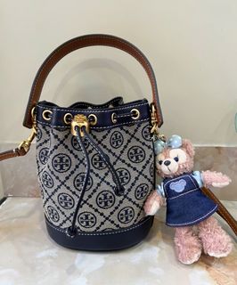 TORY BURCH T Monogram jacquard drawstring leather bucket handbag shoulder crossbody bag mini women's denim dark blue630147301323541111