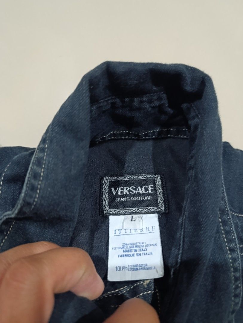 Versace jeans couture soft denim vest (Category: Luxury Apparel) located in Davao. Submitted by idioticthrifter (Listing ID 1371165369, Image 3). Description: versace jeans couture no issue large on tag fits up to xl dimes: 24 w x 30front 31back negotiable as always sir/maam.