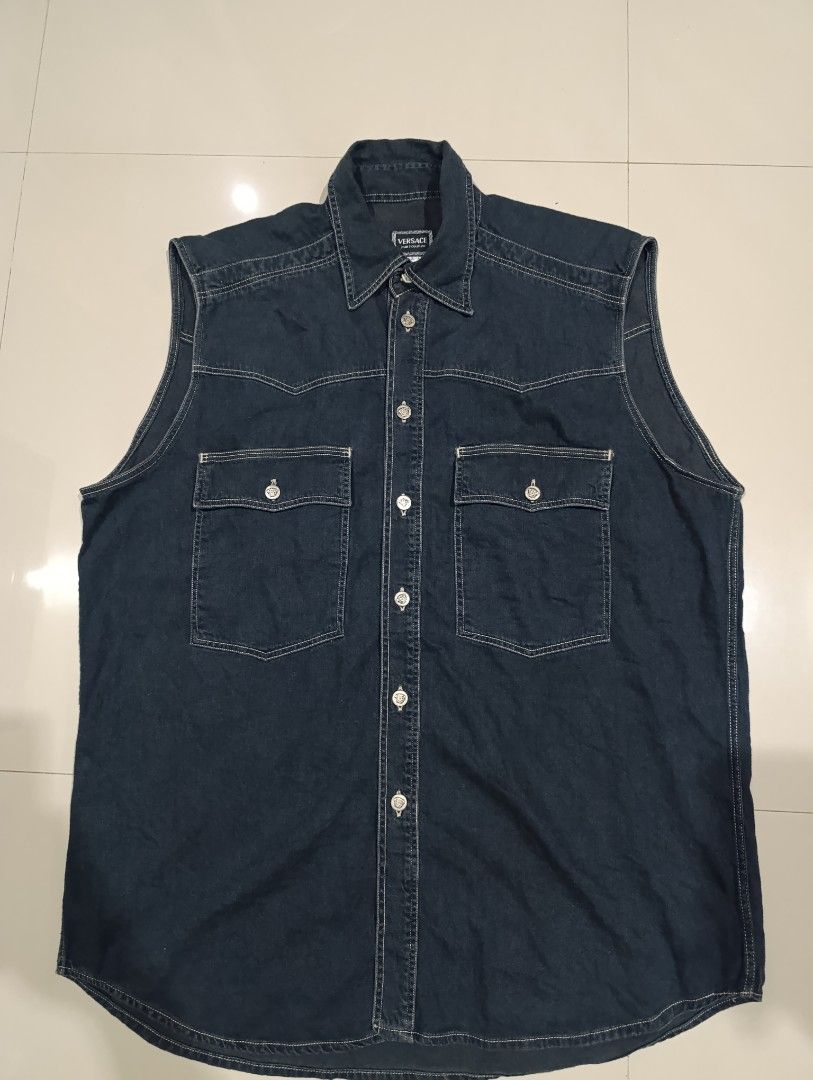 Versace jeans couture soft denim vest (Category: Luxury Apparel) located in Davao. Submitted by idioticthrifter (Listing ID 1371165369, Image 1). Description: versace jeans couture no issue large on tag fits up to xl dimes: 24 w x 30front 31back negotiable as always sir/maam.