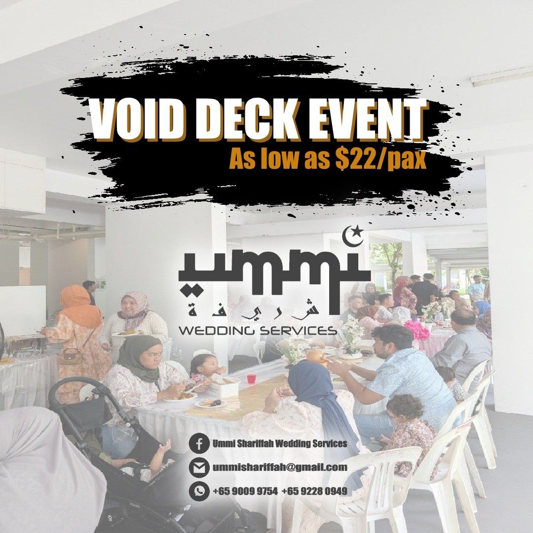 Void deck function kenduri event (Category: Local Eats) located in Singapore. Submitted by ummishariffahwedding (Listing ID 1371075822, Image 1). Description: We offer wide range of wedding services Full Decor, Buffet style catering, Tables and chairs, portable washroom, ceiling lighthing will be included inside the packages and more. Do contact us for more information concerning our wedding package. Thank you for giving us the opportunity to ser