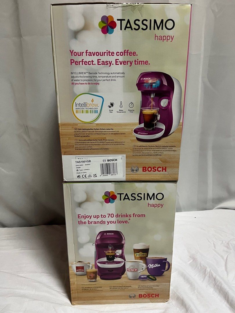Bosch Tassimo Coffee Machine (Category: Coffee Machines & Makers) located in Manila. Submitted by ak_jjoy (Listing ID 1371174413, Image 3). Description: Bosch Tassimo Happy Capsule Machine TAS1001GB - BRAND NEW SEALED - Coffee Machine Over 70 Drinks - Fully Automatic - Suitable for All Cups - Space-Saving - 1400 W - UK Plug - Import from UNITED KINGDOM On hand: 2 stocks Selling price: ₱3,300 Loc: Mandaluyong .