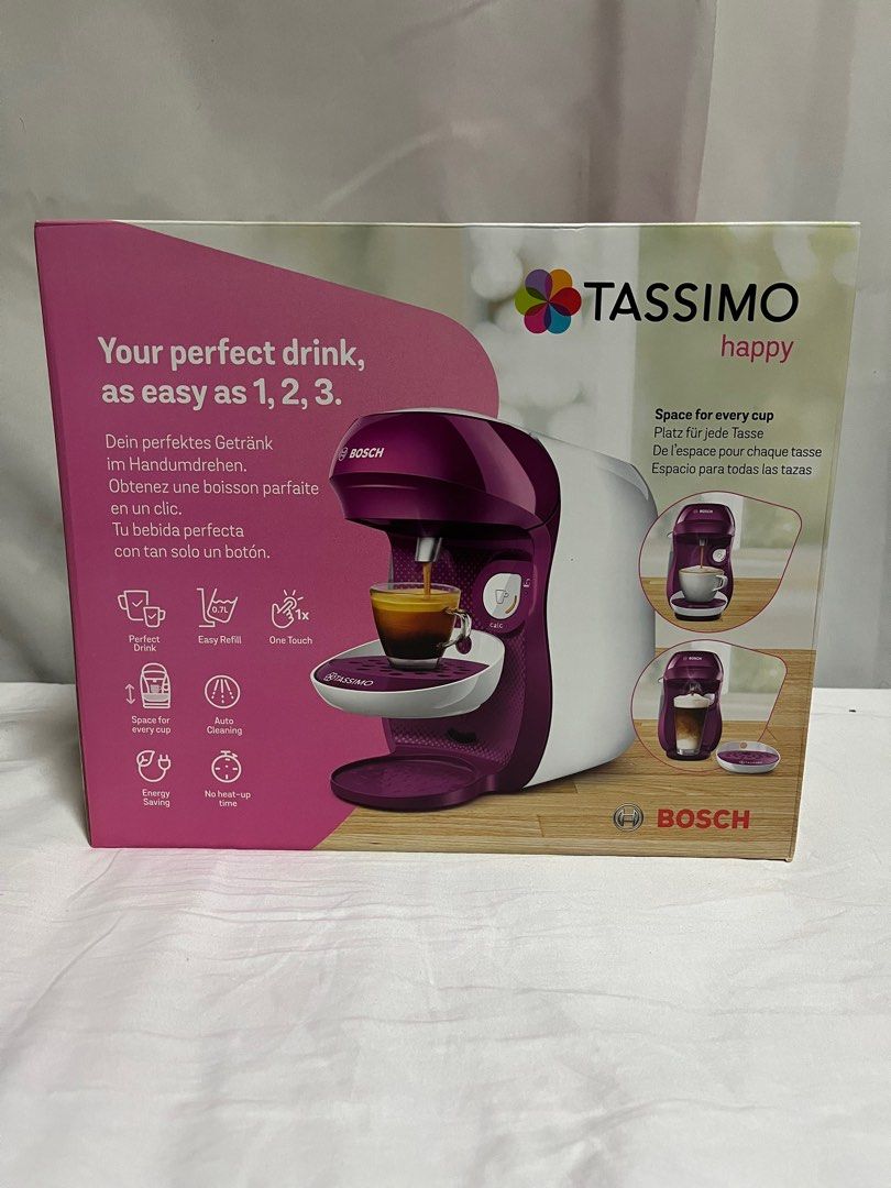 Bosch Tassimo Coffee Machine (Category: Coffee Machines & Makers) located in Manila. Submitted by ak_jjoy (Listing ID 1371174413, Image 1). Description: Bosch Tassimo Happy Capsule Machine TAS1001GB - BRAND NEW SEALED - Coffee Machine Over 70 Drinks - Fully Automatic - Suitable for All Cups - Space-Saving - 1400 W - UK Plug - Import from UNITED KINGDOM On hand: 2 stocks Selling price: ₱3,300 Loc: Mandaluyong .