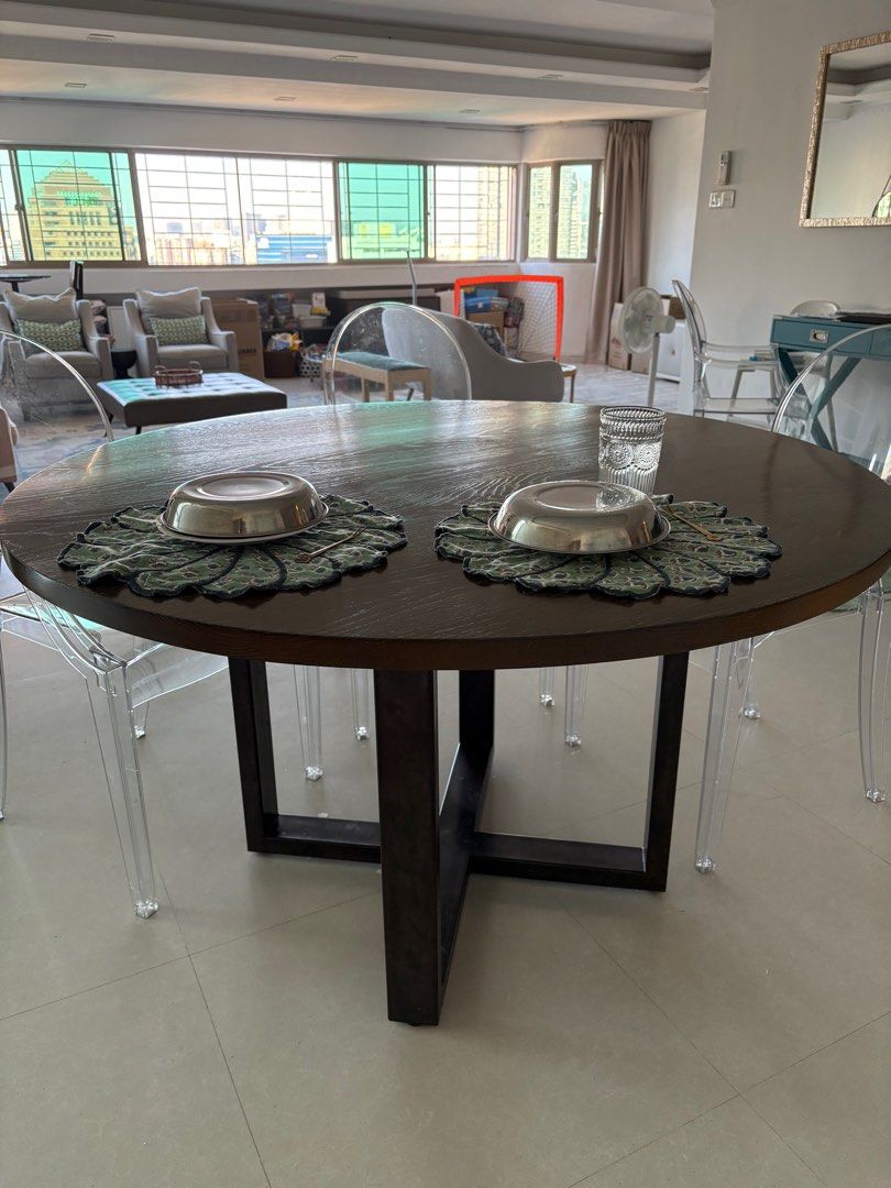 Dining Table (Category: Tables & Sets) located in Singapore. Submitted by thestuffguysg (Listing ID 1371238161, Image 1). Description: Custom made table from uhuru design in Brooklyn New York. Cerused wood top and brushed metal legs. Seats 4-6 comfortably. 50in or 128cm diameter, 75cm height, slab is 1.5in or 3.2cm. Beautiful wood grain and very durable, doesn't show stains because of the color! $300 obo.self collect. Sadly it must go as it doesn