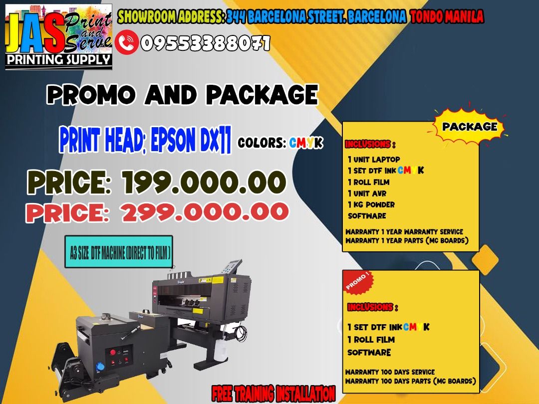 DTF PRINTER MACHINE A3 SIZE DIRECT TO FILM (Category: Printers, Scanners & Copiers) located in Manila. Submitted by melvinflor41363 (Listing ID 1371185381, Image 1). Description: LARGE FORMAT PRINTER MACHINE Price Starts @ Php169,000 Supplier of Brand New DX11, Dual Head DX11 & i3200 Tarpaulin Sublimation Printer Machine 6ft and 10ft, Brand New Laser Cutter and Brand New Cutter Plotter, Brand New Heat Press and other kind of printing machines. TA